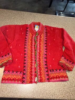 Newari Icelandic Handcrafted Red Embroidered Wool Cardigan